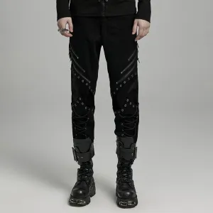 Herren Punk Riemchen Kunstleder Splice Reißverschluss Hose