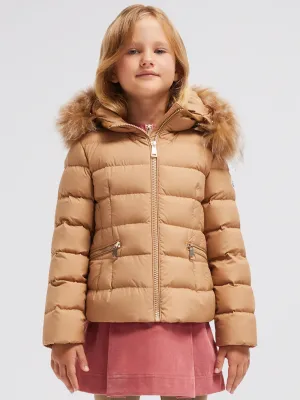 Moncler Enfant Mädchen Boedette Kapuzen-Shearling-Daunenjacke in Beige