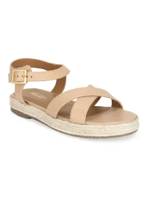 Natürliche Nude PU Riemchen-Sandalen mit Jute-Espadrille-Sohle
