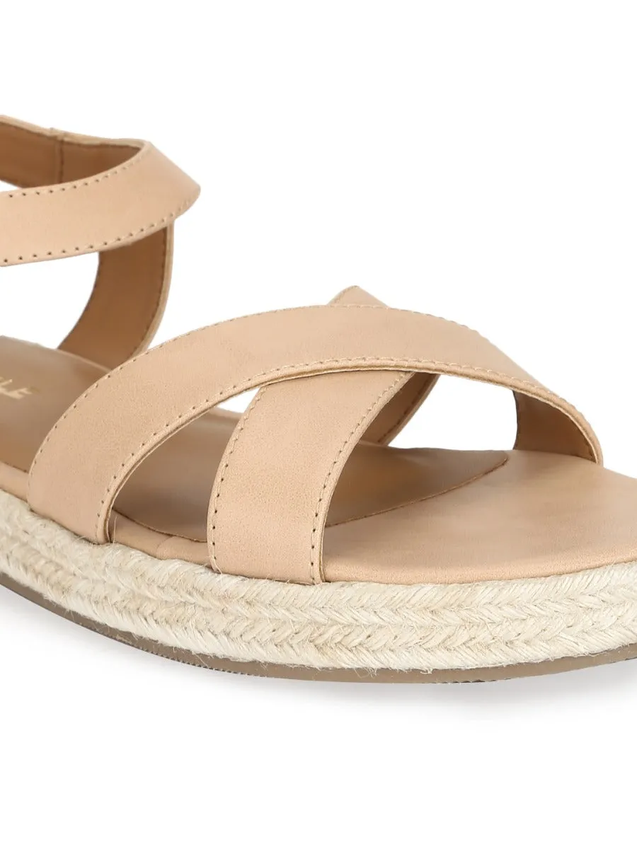 Natürliche Nude PU Riemchen-Sandalen mit Jute-Espadrille-Sohle