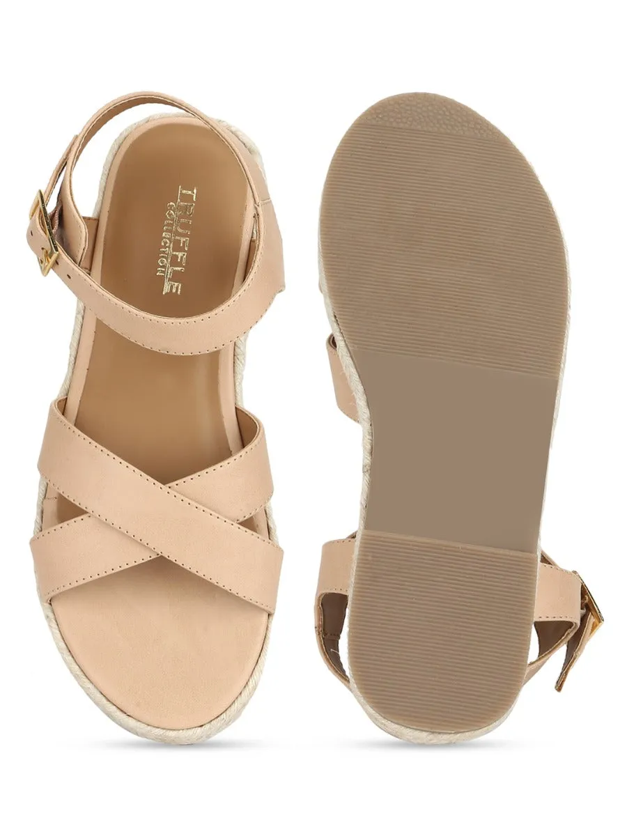 Natürliche Nude PU Riemchen-Sandalen mit Jute-Espadrille-Sohle