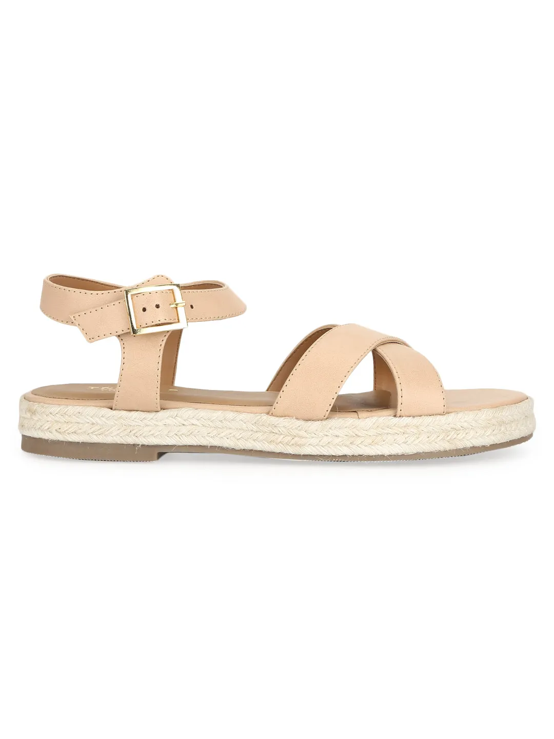 Natürliche Nude PU Sandalen mit Kreuzriemen aus Jute (TC-RLST11-NAT)