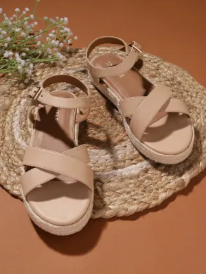 Natürliche Nude PU Sandalen mit Kreuzriemen aus Jute (TC-RLST11-NAT)