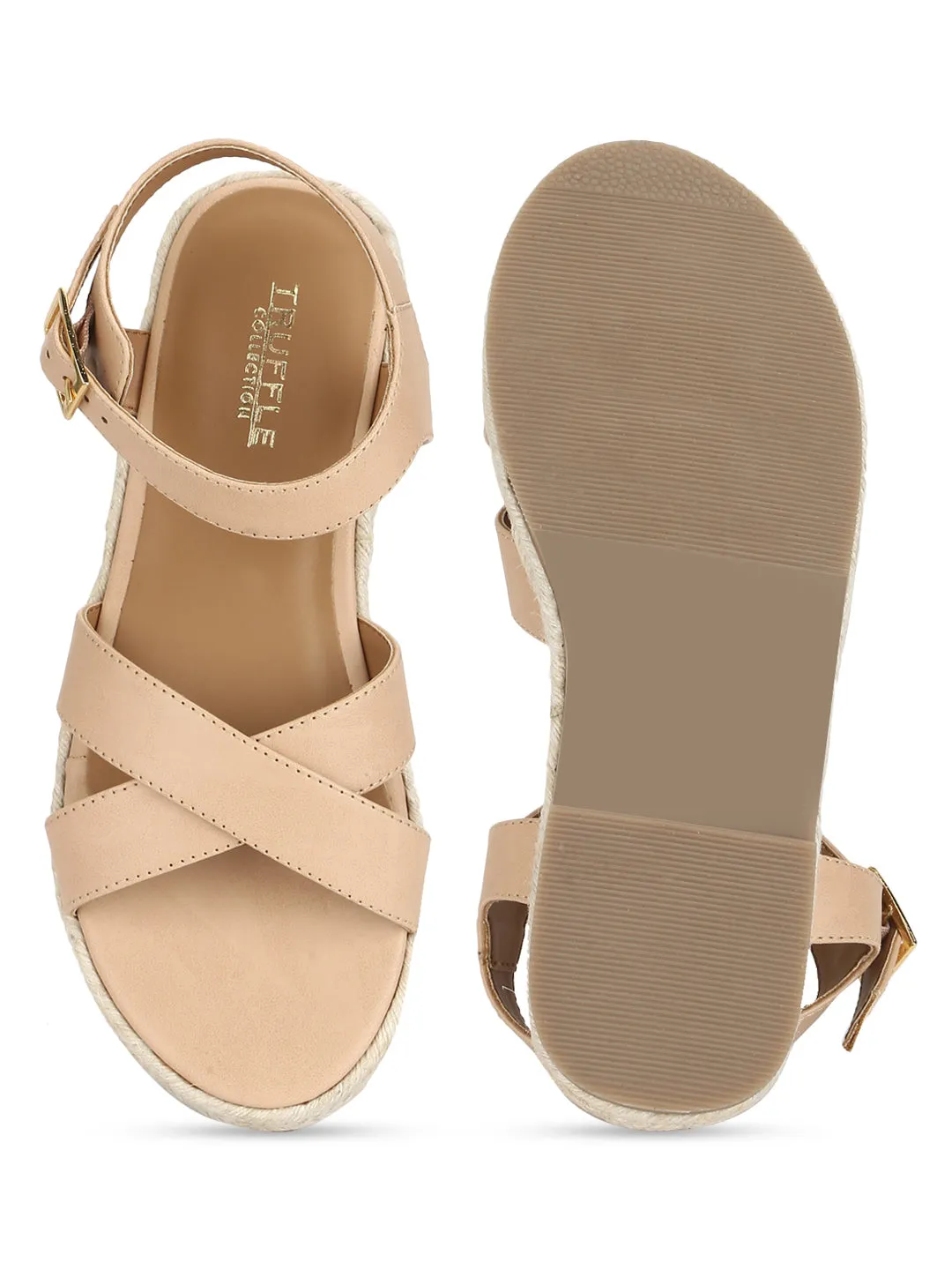 Natürliche Nude PU Sandalen mit Kreuzriemen aus Jute (TC-RLST11-NAT)