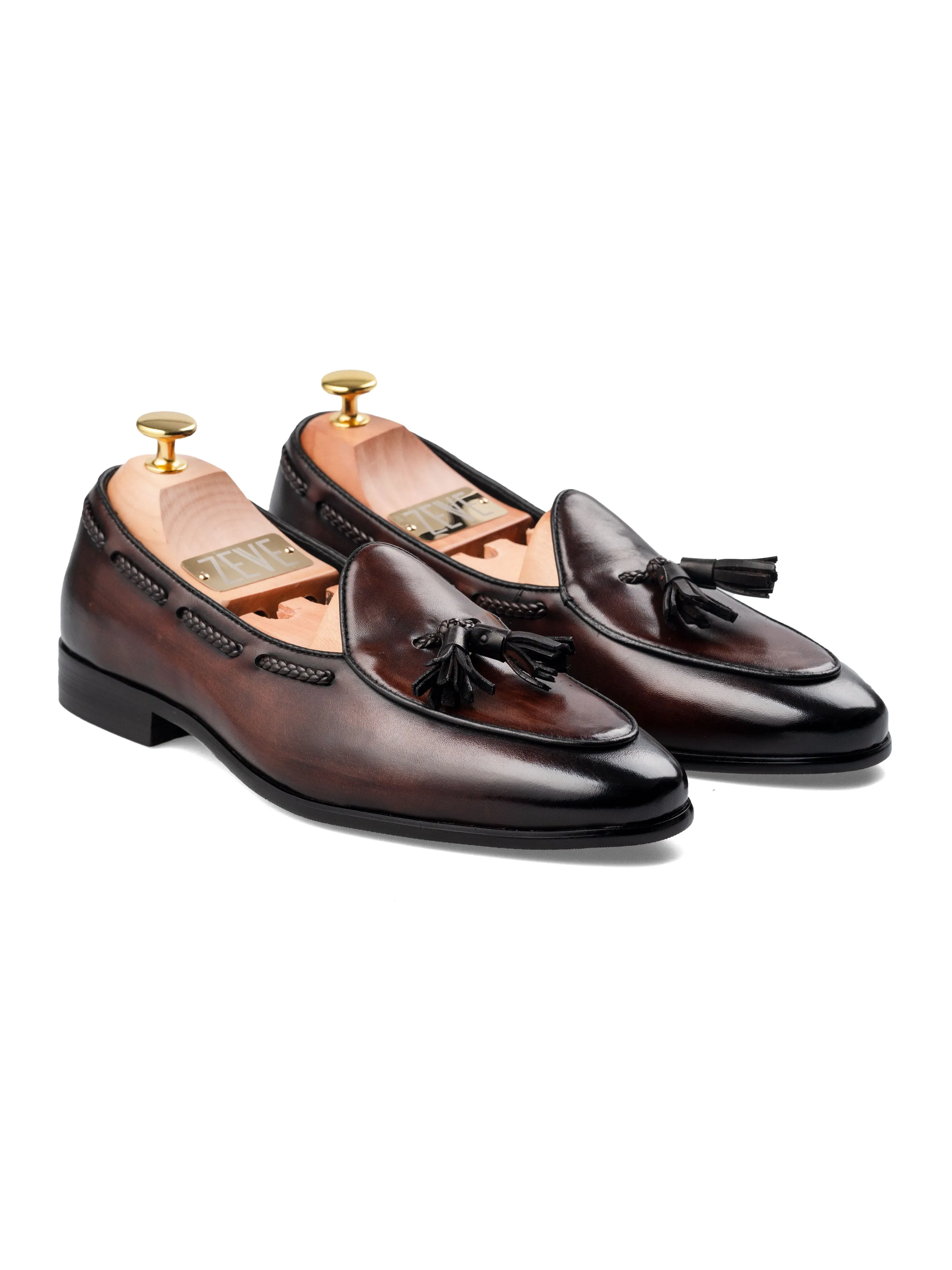 Noel Belgische Loafer mit Quaste - Dunkelbraun (Handbemalte Patina)