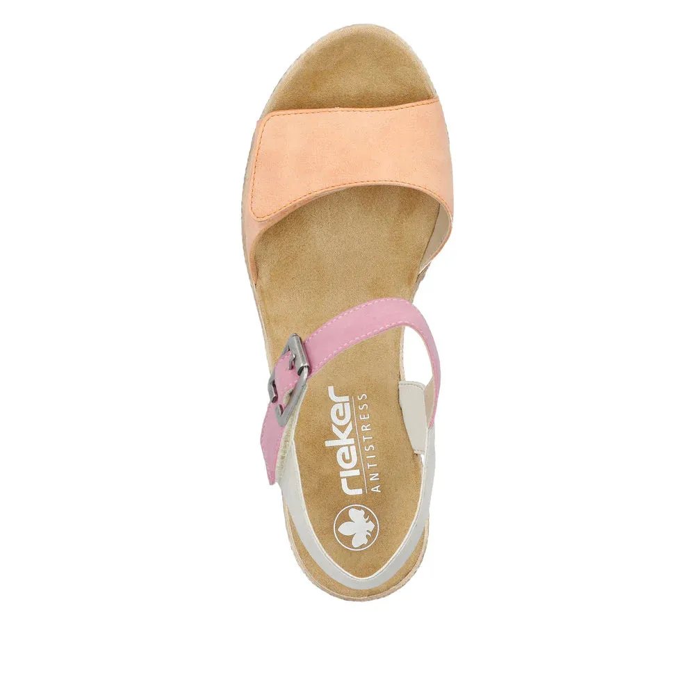 Rieker Schuhe 61960-90 Klettverschluss Keilabsatz Aprikose/Rosa/Grau