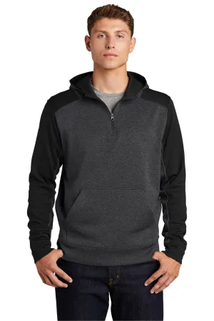 Sport-Tek Herren Tech Feuchtigkeitstransport-Fleece 1/4-Zip Kapuzenpullover Hoodie mit Patztasche - Heather Graugrau/Schwarz