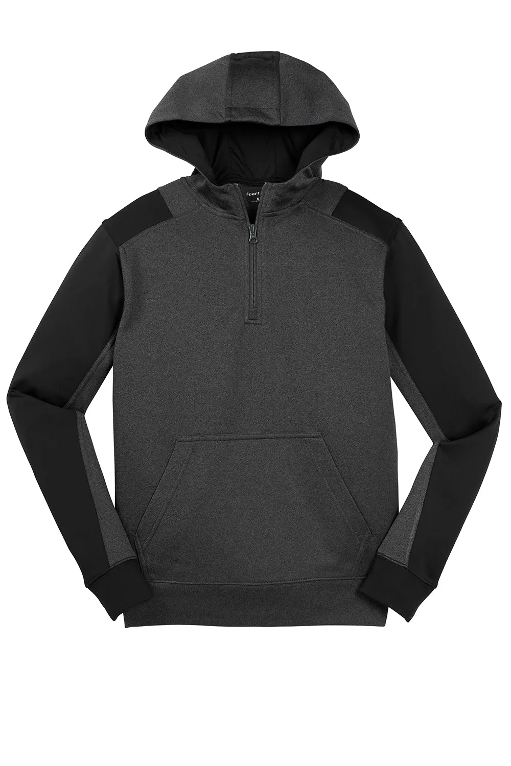 Sport-Tek Herren Tech Feuchtigkeitstransport-Fleece 1/4-Zip Kapuzenpullover Hoodie mit Patztasche - Heather Graugrau/Schwarz