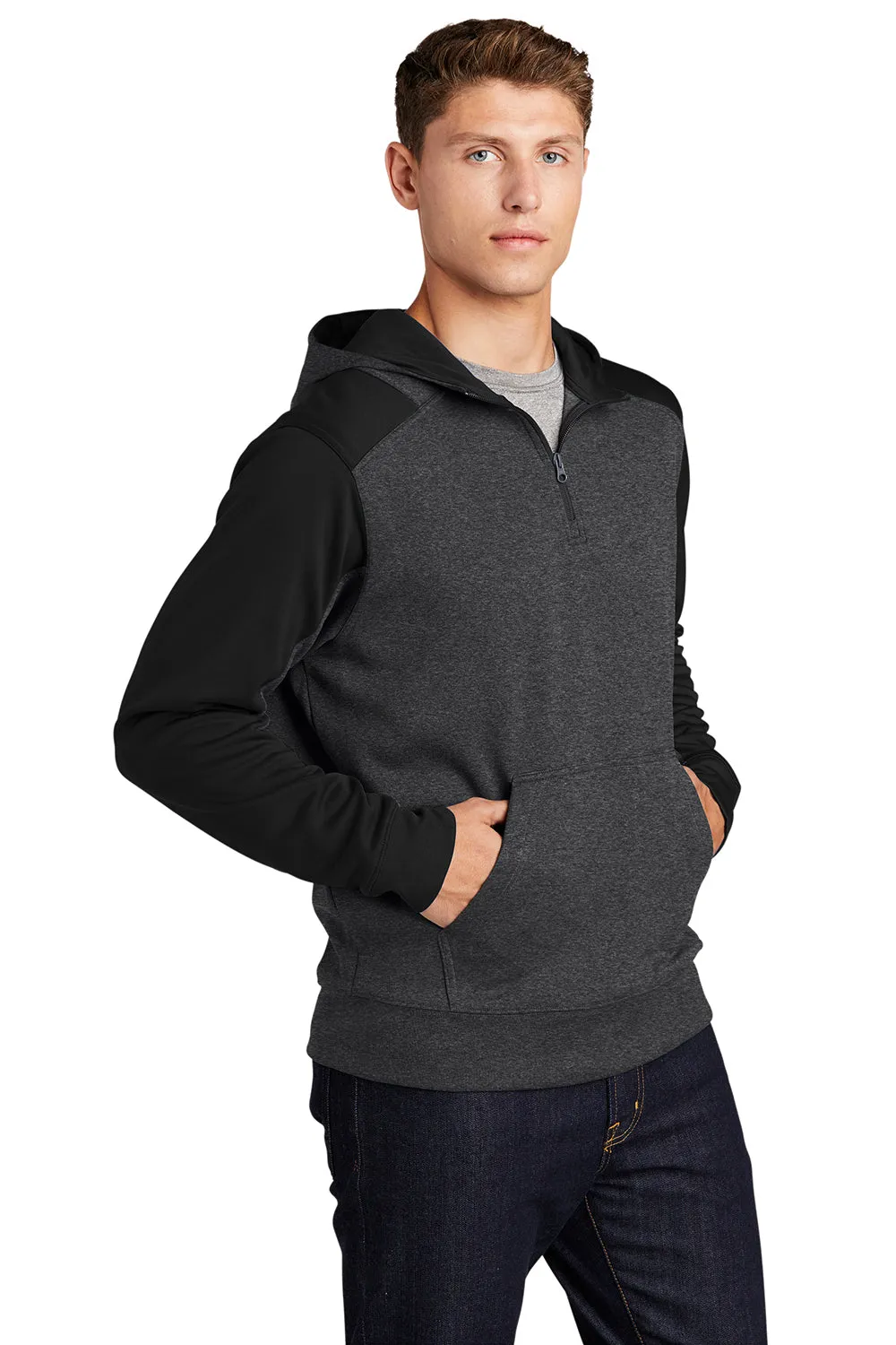 Sport-Tek Herren Tech Feuchtigkeitstransport-Fleece 1/4-Zip Kapuzenpullover Hoodie mit Patztasche - Heather Graugrau/Schwarz