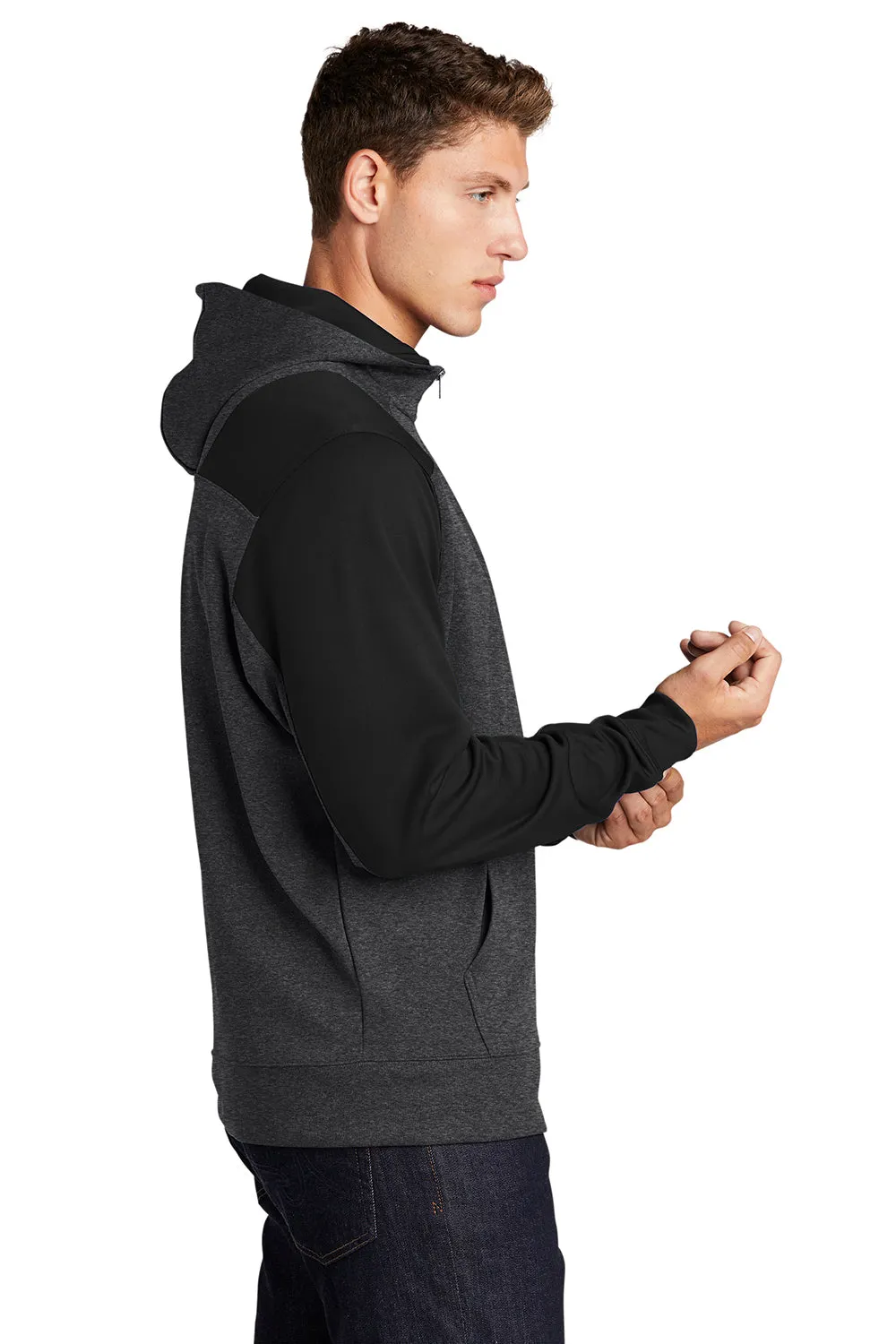 Sport-Tek Herren Tech Feuchtigkeitstransport-Fleece 1/4-Zip Kapuzenpullover Hoodie mit Patztasche - Heather Graugrau/Schwarz