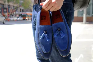 Blaue Wildleder-Loafer mit Quaste und Schlupfverschluss