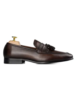 Quaste Loafer mit Flügelriemen - Dunkelbraun (Handbemalte Patina)