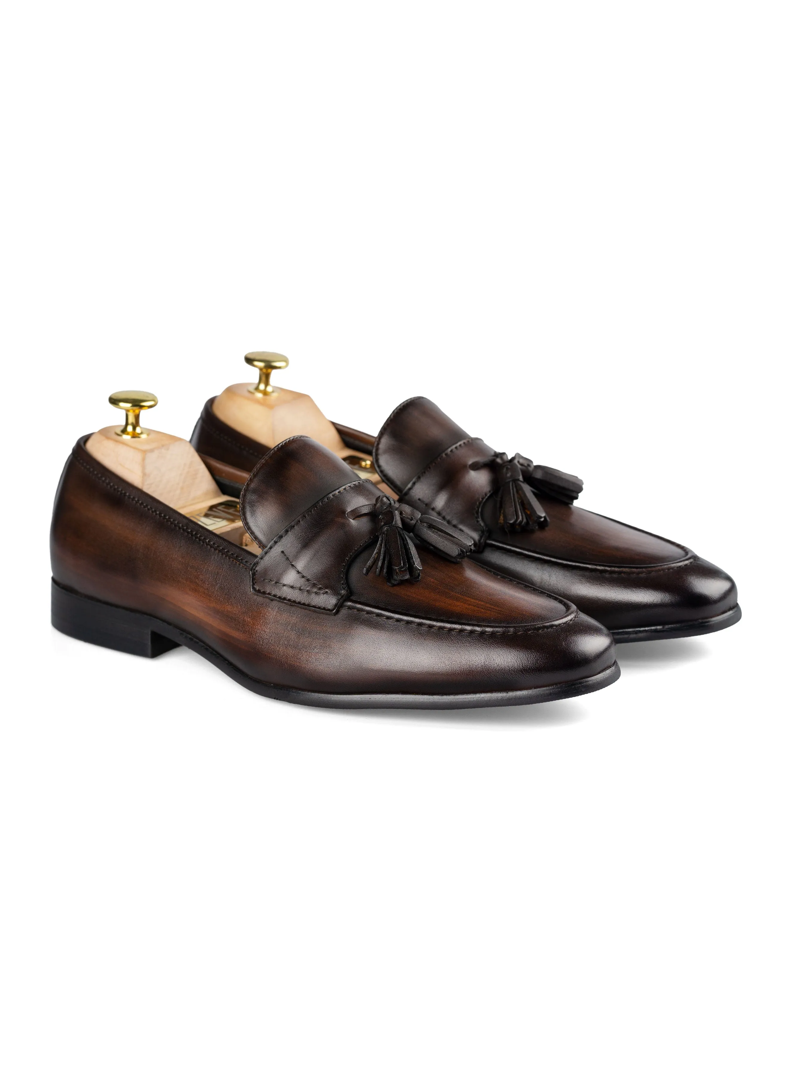 Quaste Loafer mit Flügelriemen - Dunkelbraun (Handbemalte Patina)
