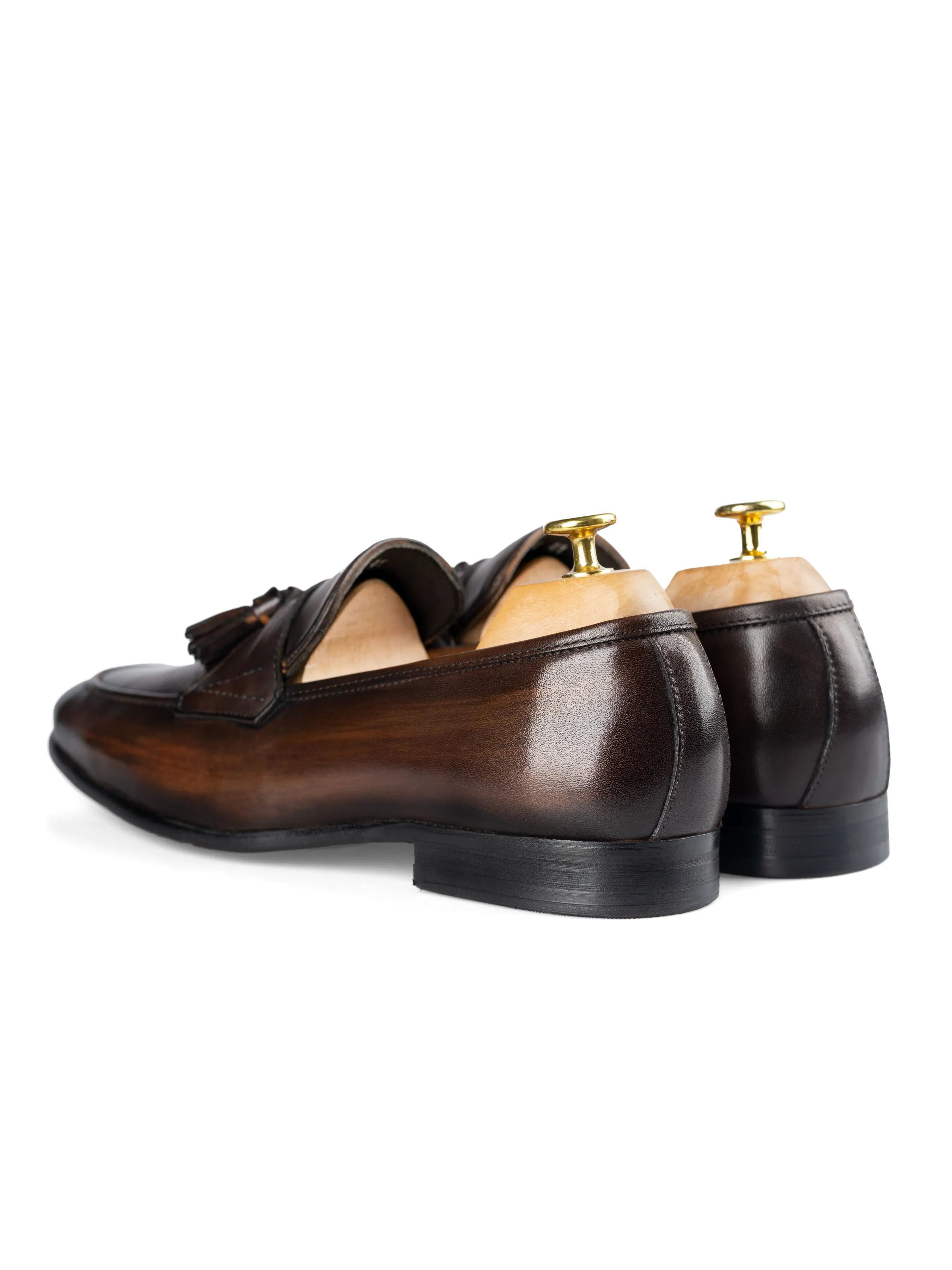 Quaste Loafer mit Flügelriemen - Dunkelbraun (Handbemalte Patina)