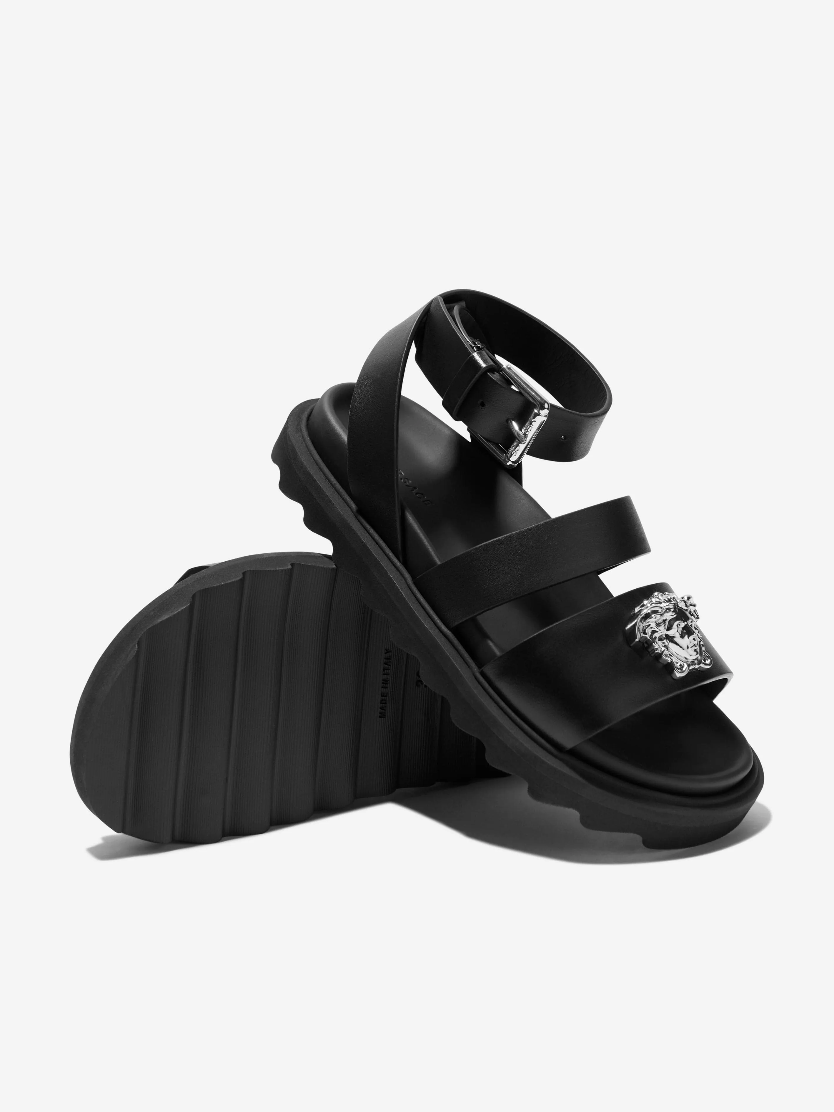 Versace Kids Leder Sandalen mit Medusa-Logo in Schwarz