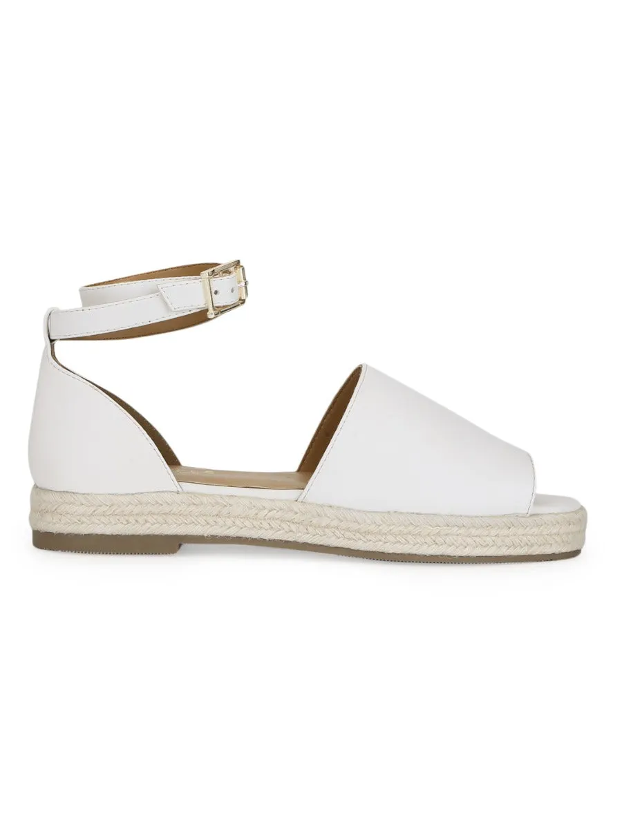 Weiße PU-Breitband-Jute-Espadrilles